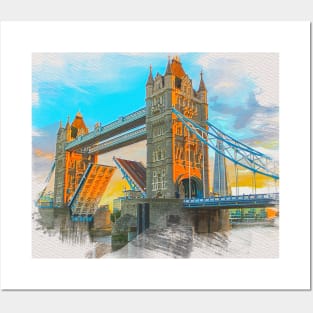 London Tower Bridge at Evening Watercolor Pain Posters and Art